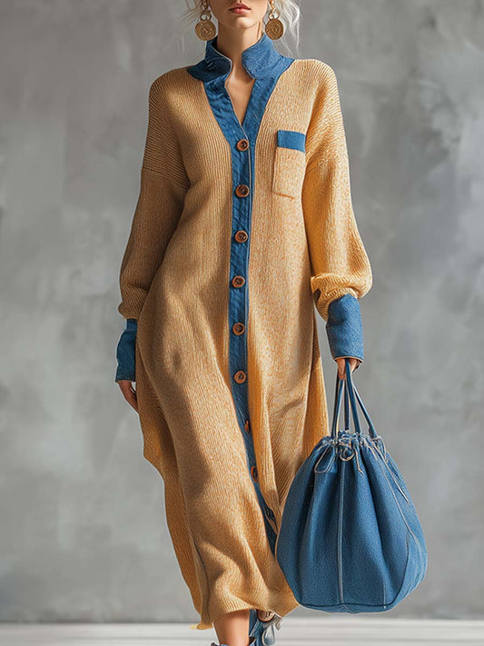 Robe Maxi Tricotée Style Cardigan avec Éléments en Denim - Teinte Gingembre