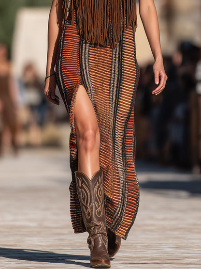 Maxi Robe Tricotée à Franges avec Capuche - Rayures Colorées au Style Western, Expédition en 24 Heures !