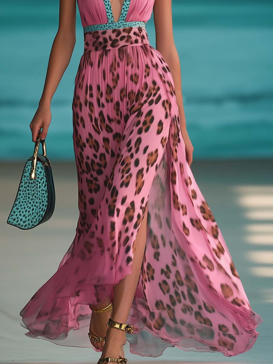 Robe Maxi en Chiffon Rose à Imprimé Léopard - Décolleté en V et Détails Colorés | Expédition Rapide sous 24h