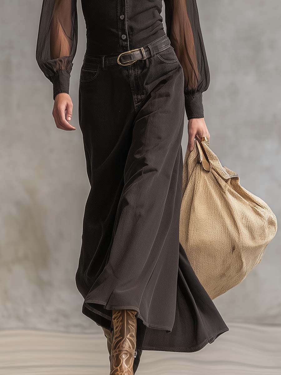 Maxi Robe en Denim Noir Transparent à Manches Longues avec Détails Vintage Western et Décolleté en V