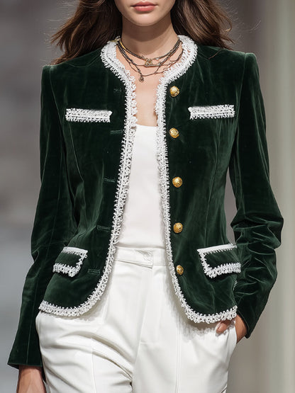 Veste Velours Chic à Lacets, Col Rond et Poches Pratiques