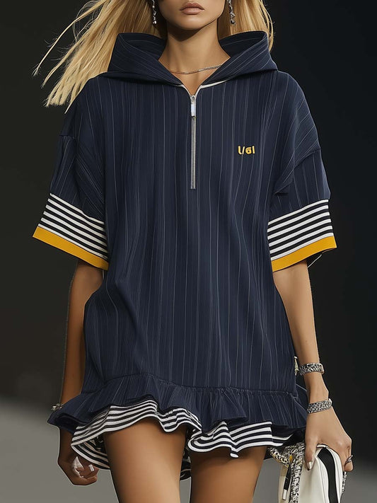 Robe Mini Hoodie Ultra-Large en Bleu Marine avec Fermeture Éclair et Ourlet Volanté - Expédition Rapide en 24 Heures