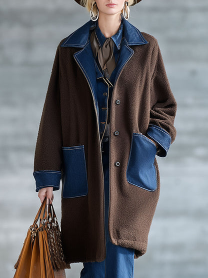 Veste en polaire chocolat avec patchwork denim - Style nomade urbain rétro