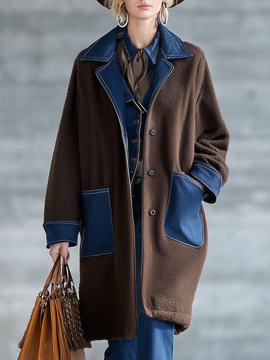 Veste en polaire chocolat avec patchwork denim - Style nomade urbain rétro