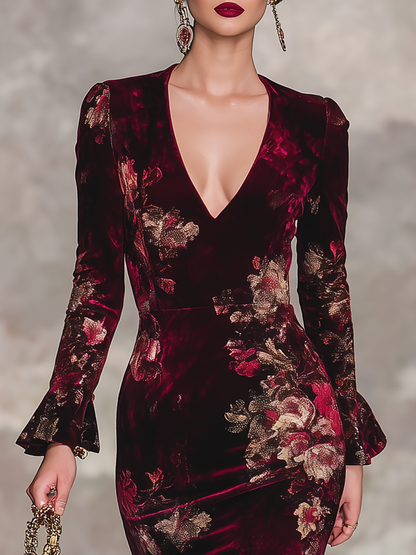 Robe Maxi en Velours Floral avec Décolleté en V et Manches Longues à Volants