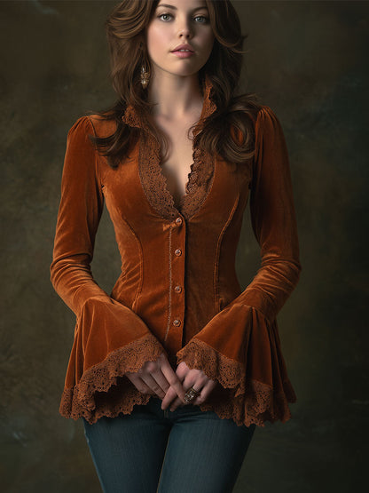 Rétro Chemise Longue en Velours Caramel avec Décolleté en V et Détails en Dentelle