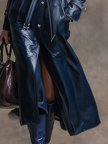 Veste Longue en PU Marine avec Ourlet Rétro Contrasté