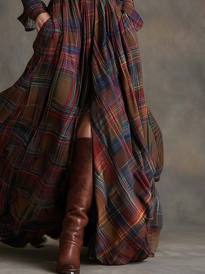 Robe Maxi Ethnique Rétro à Carreaux Rouges et Bruns