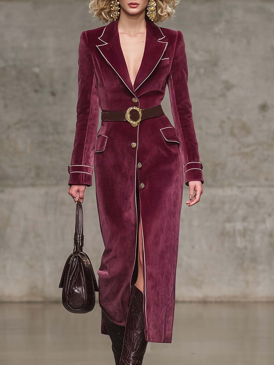 Veste Vintage Western en Velours Rouge Framboise avec Revers Notch et Détails Blancs