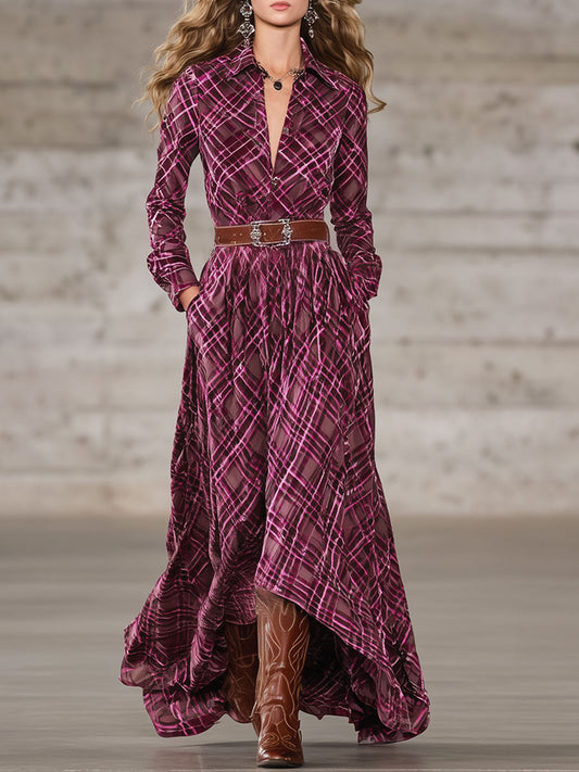 Robe Maxi Velours Rose à Carreaux - Élégance Western à Manches Longues