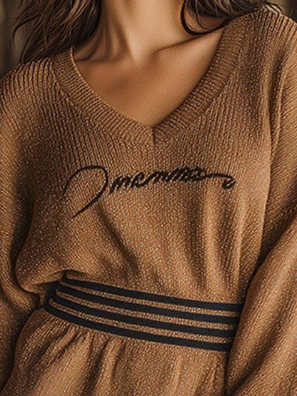 Robe Mini Tricot Marron Chiné - Décontractée et Rétro avec Bordure Rayée