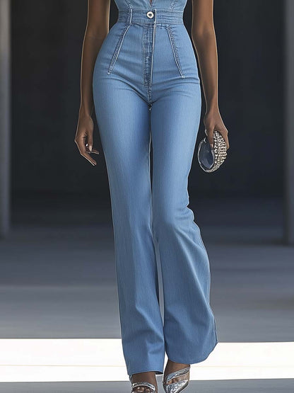 Expédition Rapide en 24 Heures : Élégante Combinaison Sans Manches en Denim Bleu Clair avec Col en V