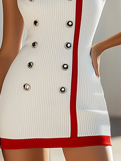 Robe Mini Tricotée Blanche Sans Manches avec Détails Rouges - Expédition en 24 Heures !