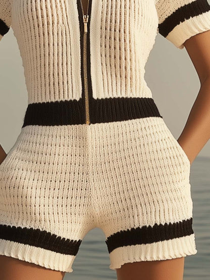 【Expédition rapide en 24 heures】Combinaison en tricot à manches courtes avec zip avant