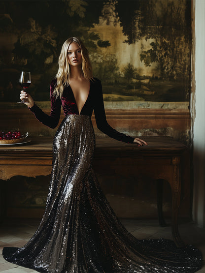 Robe Maxi Élégante en Velours à Sequins - Décolleté en V, Expédition Rapide sous 24 Heures