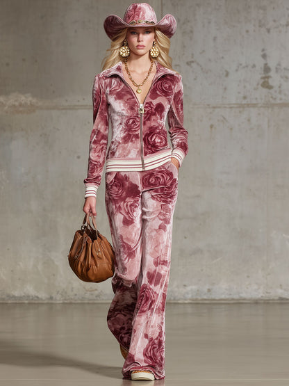 Ensemble Chic en Velours Imprimé Rose : Top à Zip et Pantalon Coordonné