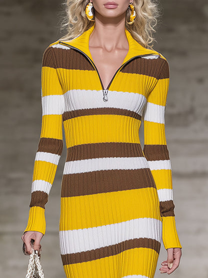 Robe Midi Tricotée Rayée au Style Rétro avec Mi-Fermeture Éclair