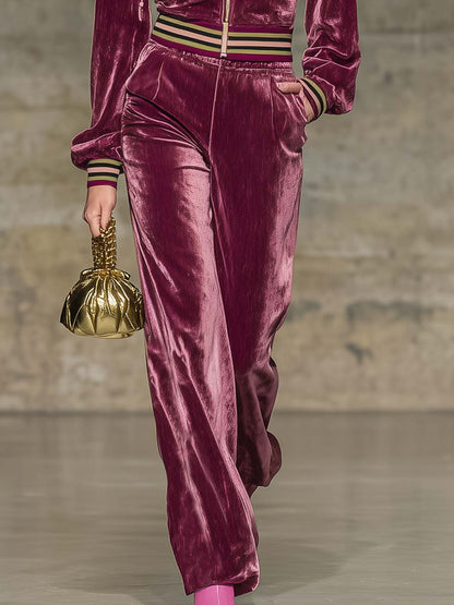 Ensemble Chic en Velours Bourgogne : Haut et Pantalon à Capuche avec Zip