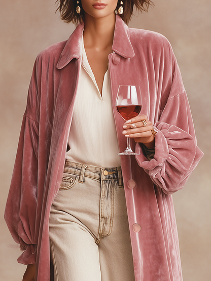 Élégant Manteau Long en Velours avec Revers Chic