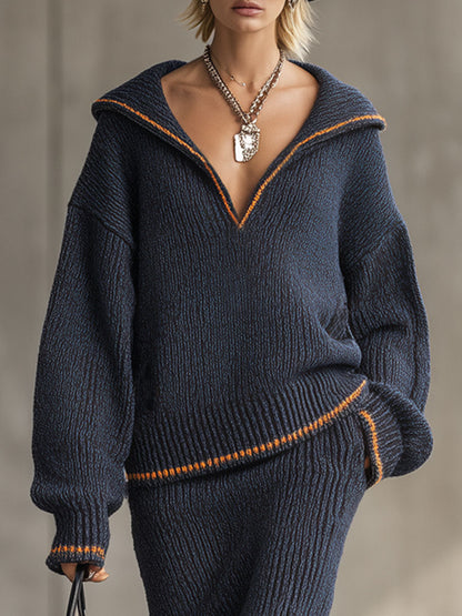 Ensemble Tricoté Chic : Pull et Jupe Contrastés pour un Look Élégant
