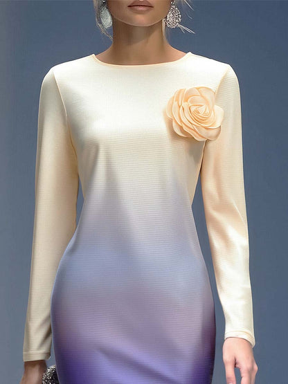 Robe Midi Élégante à Motif Floral 3D en Dégradé Beige et Violet