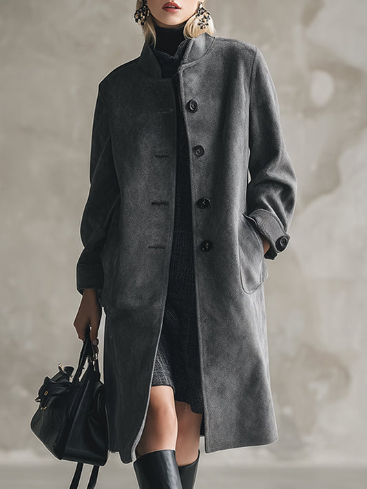 Élégant Manteau en Laine Gris Foncé avec Col Montant Boutonné