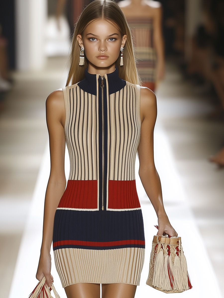 Robe Mini Sans Manches en Tricot à Rayures Contrastées - Style Rétro Chic, Expédition Rapide sous 24h!