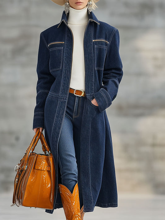 Veste en Denim Bleu Marine à Demi-Fermeture Éclair - Style Décontracté Rétro