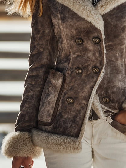 Veste Marron Foncé à Double Boutonnage avec Détails en Peluche au Style Rétro