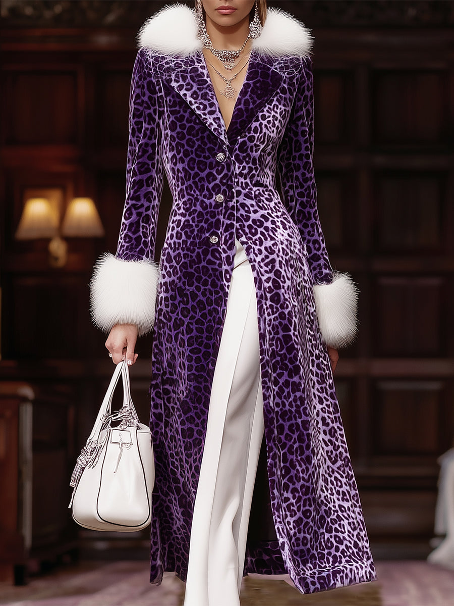 Long Velvet Leopard Print Coat in Purple with Luxurious Faux Rabbit Fur