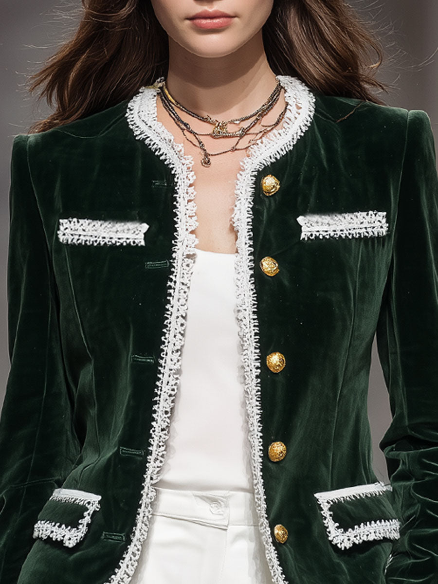 Veste Velours Chic à Lacets, Col Rond et Poches Pratiques