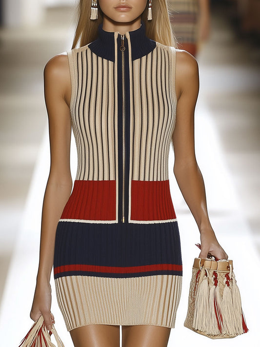 Robe Mini Sans Manches en Tricot à Rayures Contrastées – Style Rétro Décontracté, Expédition Rapide en 24h