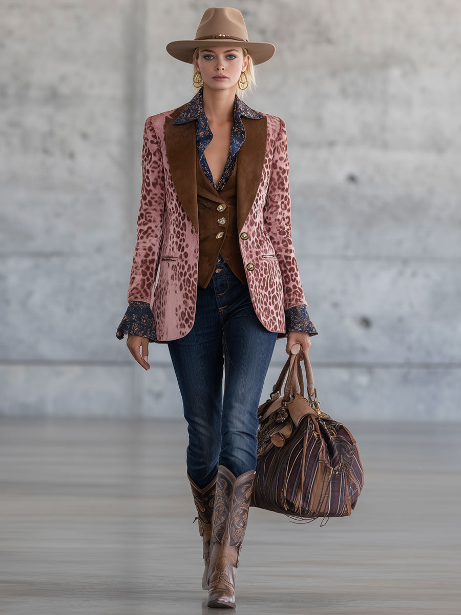 Blazer en Velours Rose à Imprimé Léopard : Élégance Urbaine Rétro avec Détails Marron