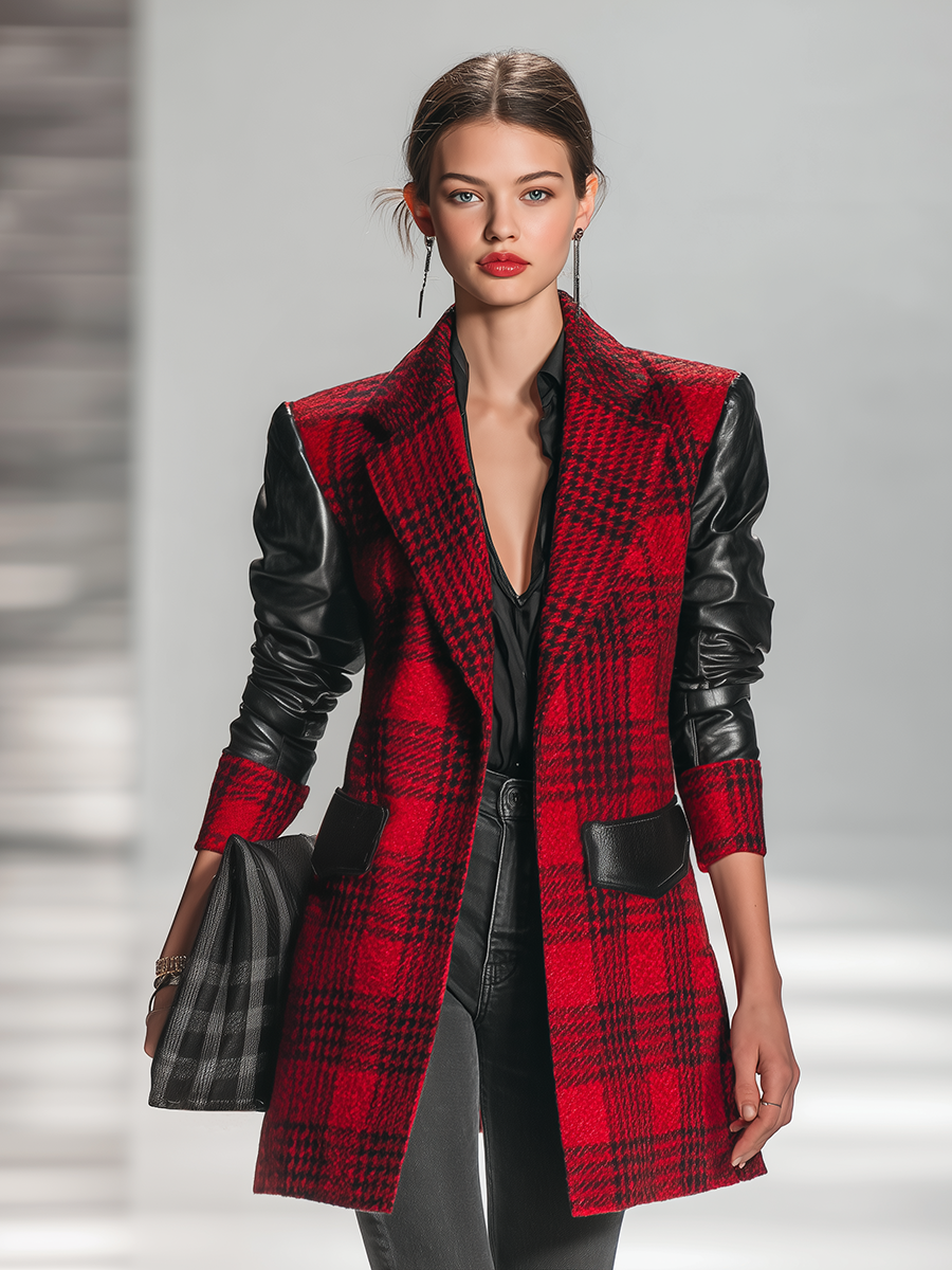 Veste mi-longue en patchwork de faux cuir à carreaux au style rétro