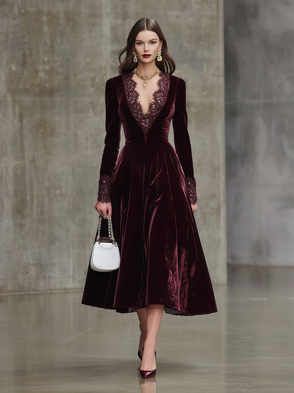 Robe Midi en Velours Rouge Angora à Manches et Col Dentelé