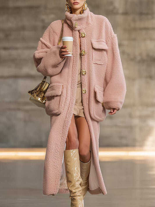 Exquis Manteau en Polaire Rose à Col Haut et Boutons Vintage