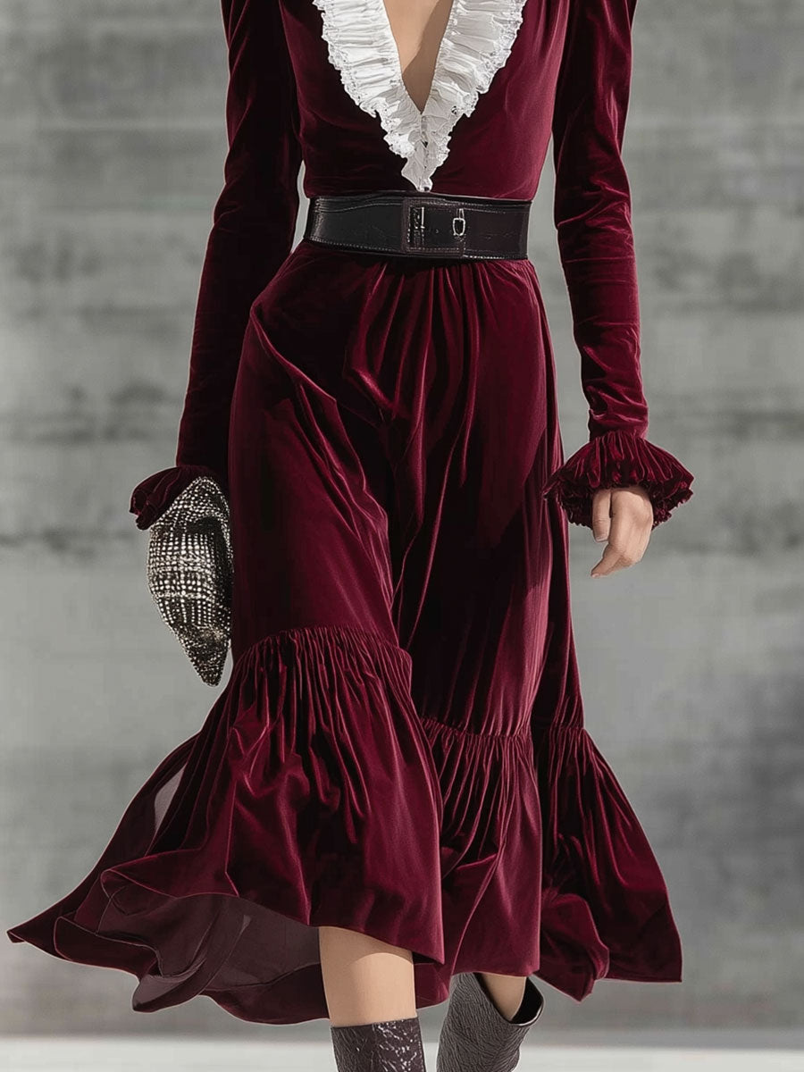 Robe Midi Rétro en Velours Bordeaux