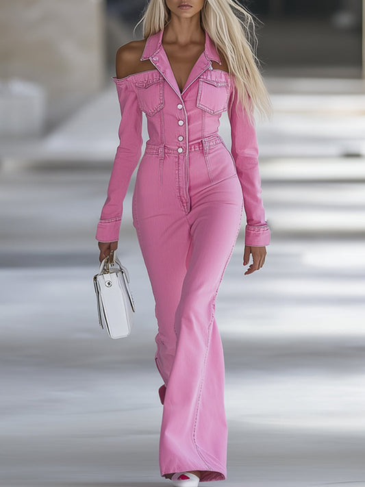 Combinaison en denim rose tendance, personnalisable, avec col décolleté et manches longues évasées