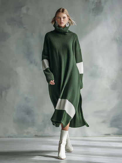 Robe Maxi Tricotée Élégante avec Col Montant Contrasté en Vert