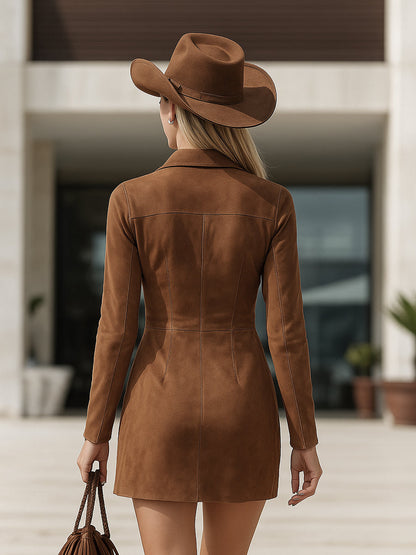 Robe Mini en Suède Brun à Manches Longues avec Franges Brodées - Élégance Vintage Western
