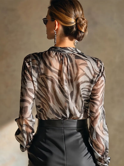 Élégante Chemise Longue à Manches Fluides au Motif Zèbre