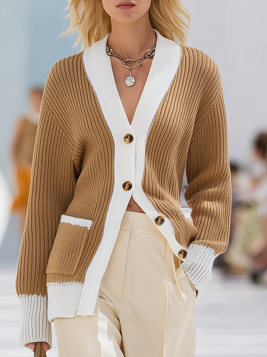 Chic Gilet Tricoté Bicolore Brun et Blanc