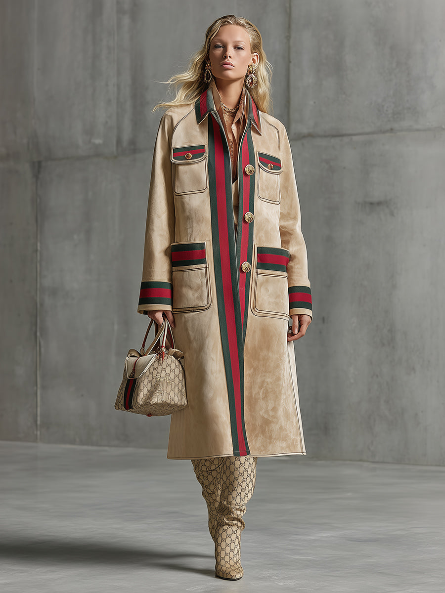 Veste en Faux Suède Beige avec Détails en Ruban Rouge et Vert - Élégance Simple