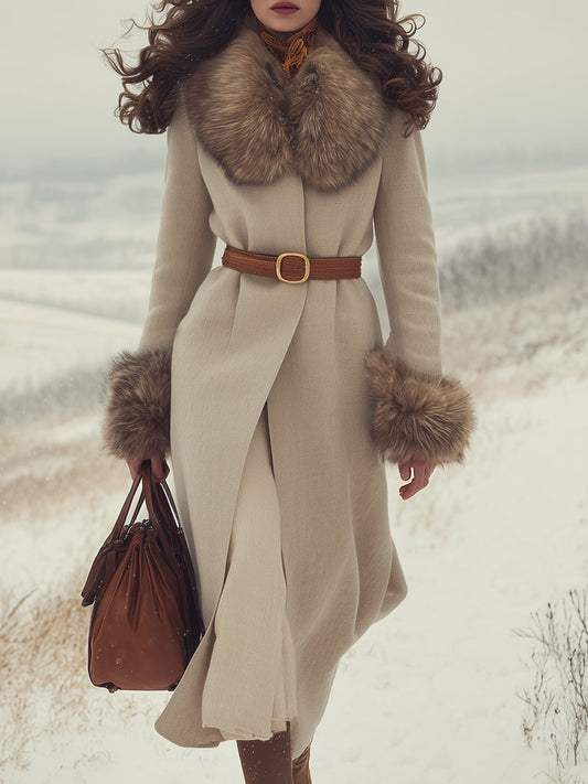 Veste Beige Chic avec Manches et Col en Fourrure