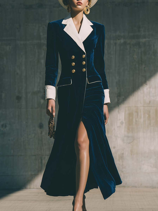 Robe Maxi Vintage en Velours Bleu Foncé avec Revers Contrasté et Double Boutonnage