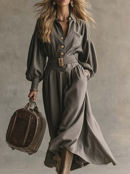 Robe Maxi Élégante en Laine Grise avec Col Boutonné