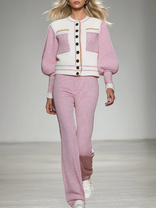 Ensemble Élégant en Tricot Blanc et Rose : Veste et Pantalon Chic et Tendance