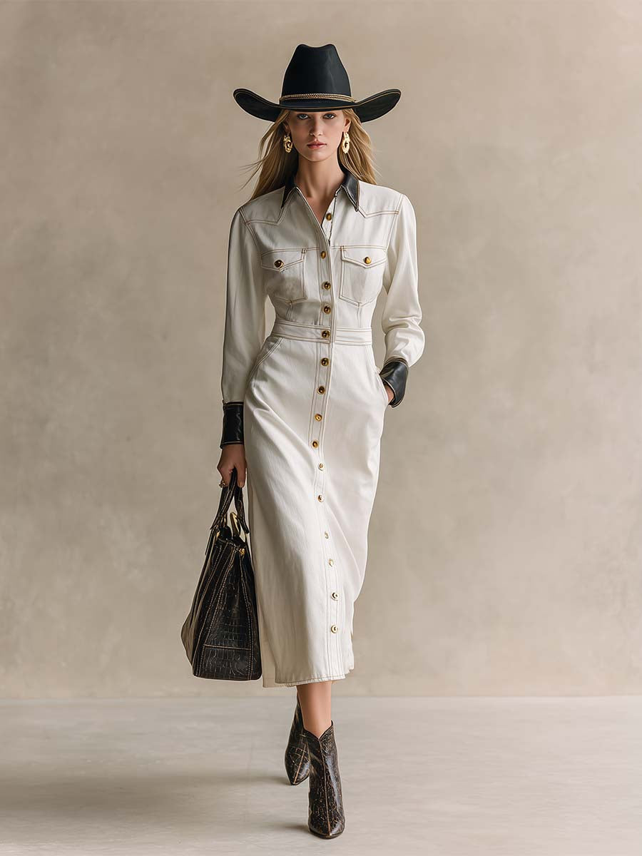 Robe Maxi en Denim Blanc Élégante avec Détails en Cuir : Chic et Tendance