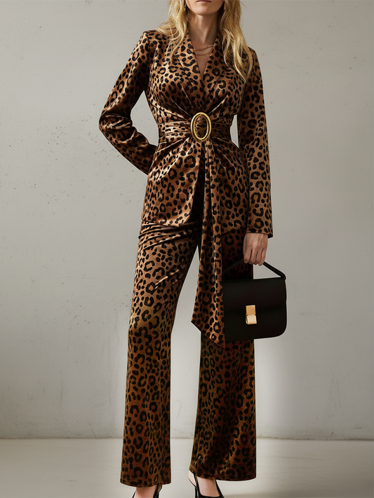 Ensemble Vintage : Veste en Velours Imprimé Léopard et Pantalon Assortie