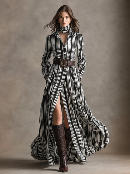 Robe Maxi Rayée Noire et Blanche avec Col Revers et Ceinture à Glissière